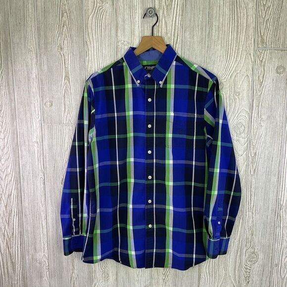 Chaps Stretch Easy Care Button Front Shirt Blue Green Plaid Size Medium - Picture 2 of 7